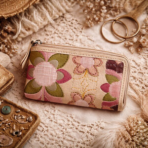 Fossil Floral Patchwork Leather Zip Wallet Cream Pink Boho Checkbook Clutch